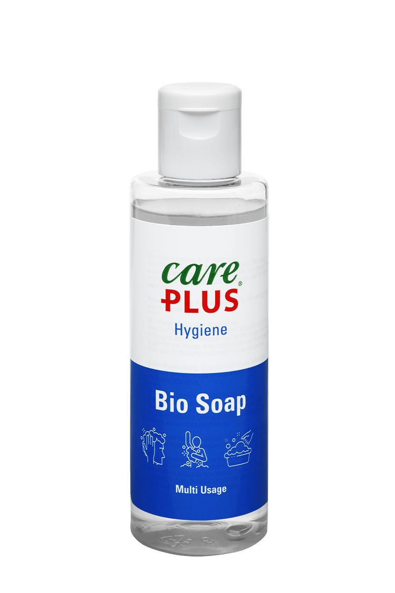 Care Plus Bio Soap en flacon transparent avec bouchon clapet blanc et étiquette bleue