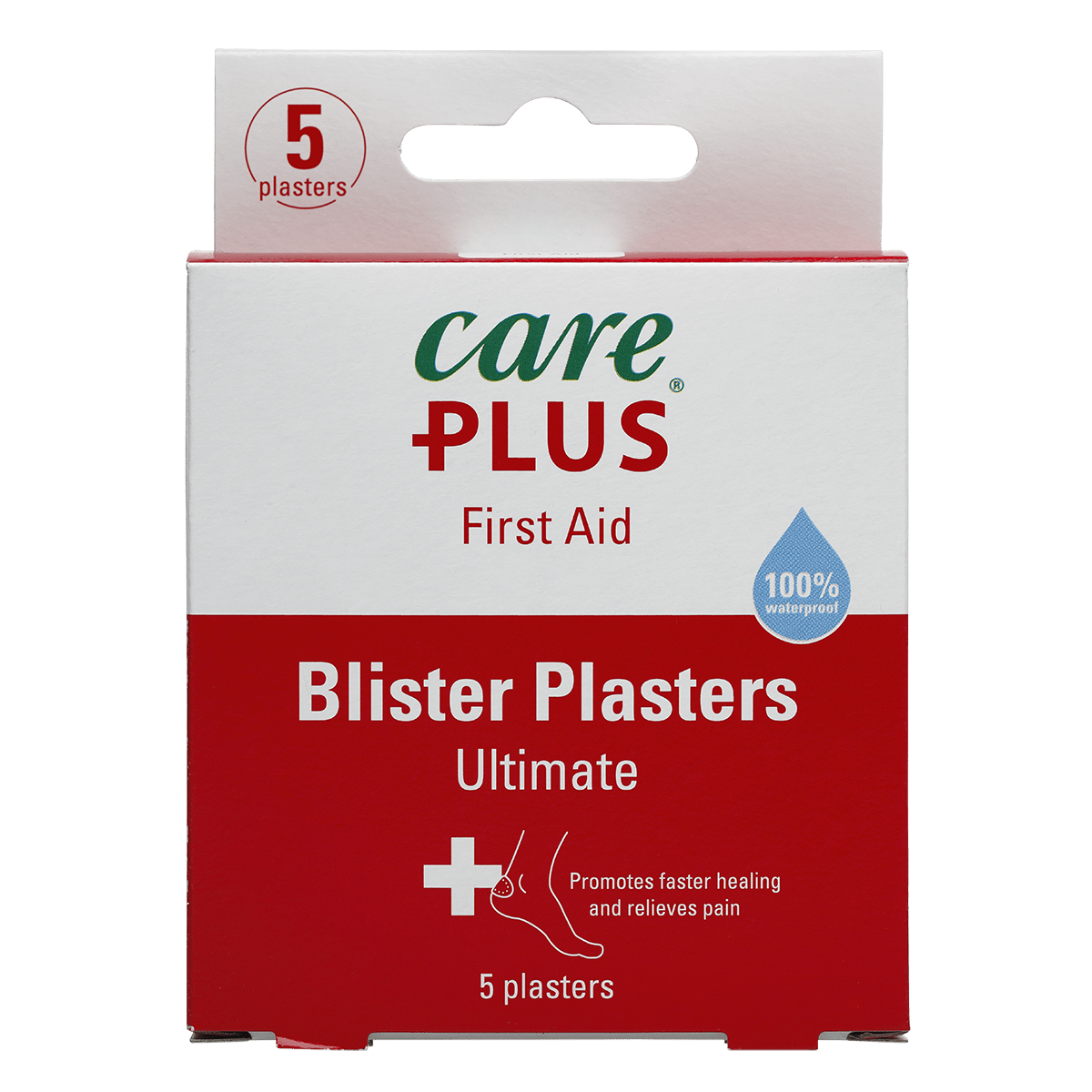 Care Plus Blister Plasters Ultimate, boîte rouge et blanche avec 5 pansements anti-ampoules