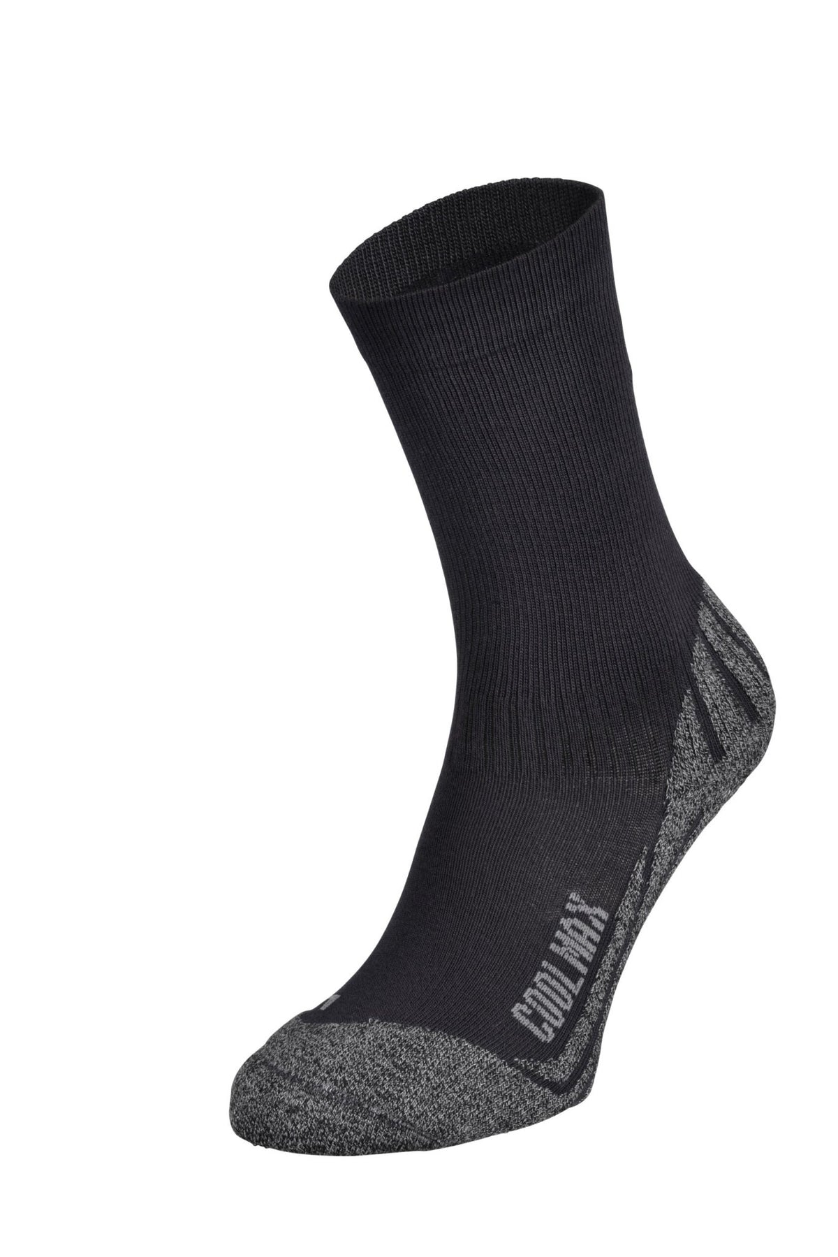 Care Plus Bugsox Traveller, chaussette noire avec talon et pointe gris et inscription Coolmax