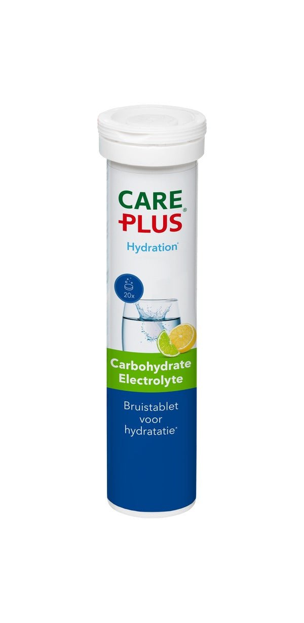 Care Plus Comprimés Effervescents Électrolytes en tube avec citron et citron vert sur l'étiquette