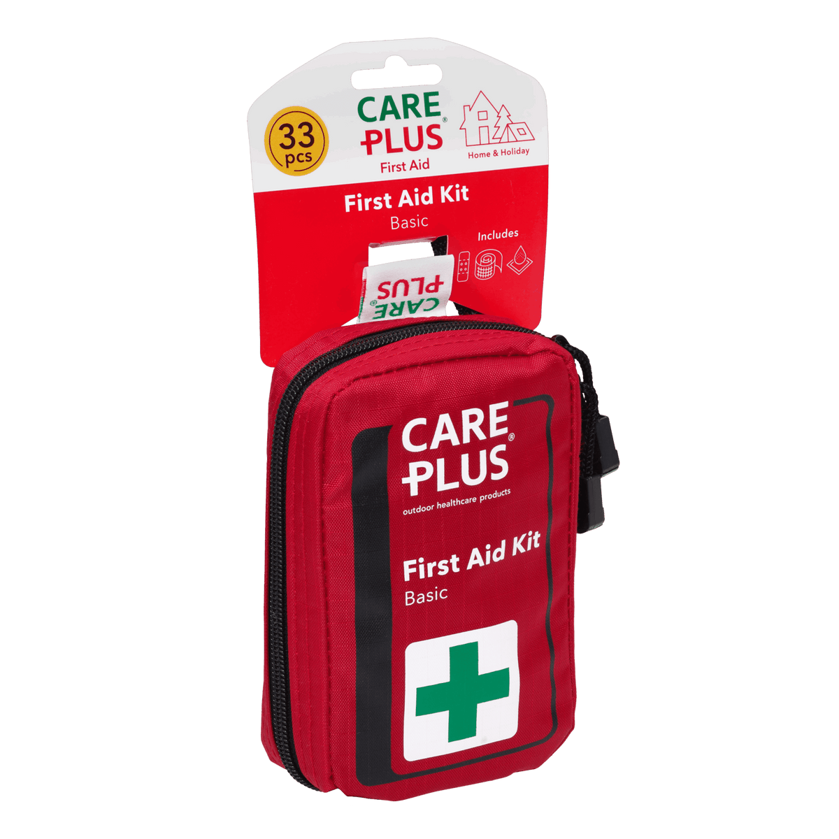Care Plus First Aid Kit Basic, petite trousse de secours rouge à croix verte sur une carte avec 33 pièces