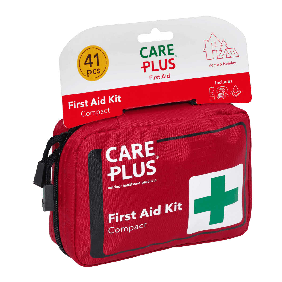 Care Plus First Aid Kit Compact, trousse de secours rouge à croix verte sur une carte avec 41 pièces
