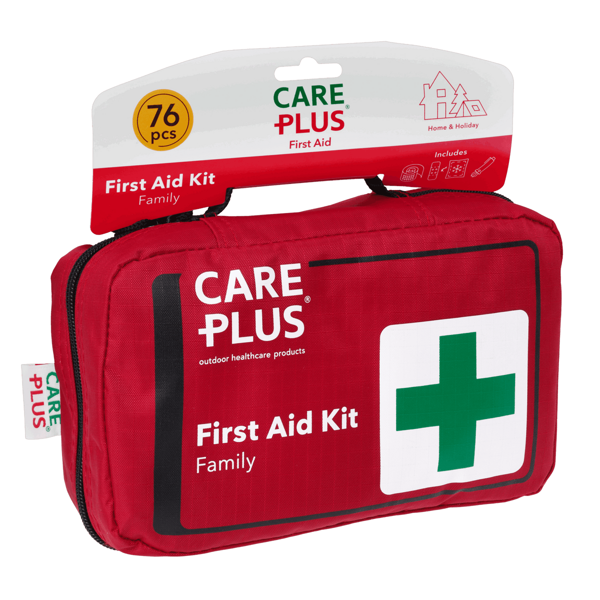 Care Plus First Aid Kit Family, grande trousse de secours rouge à croix verte sur une carte avec 76 pièces