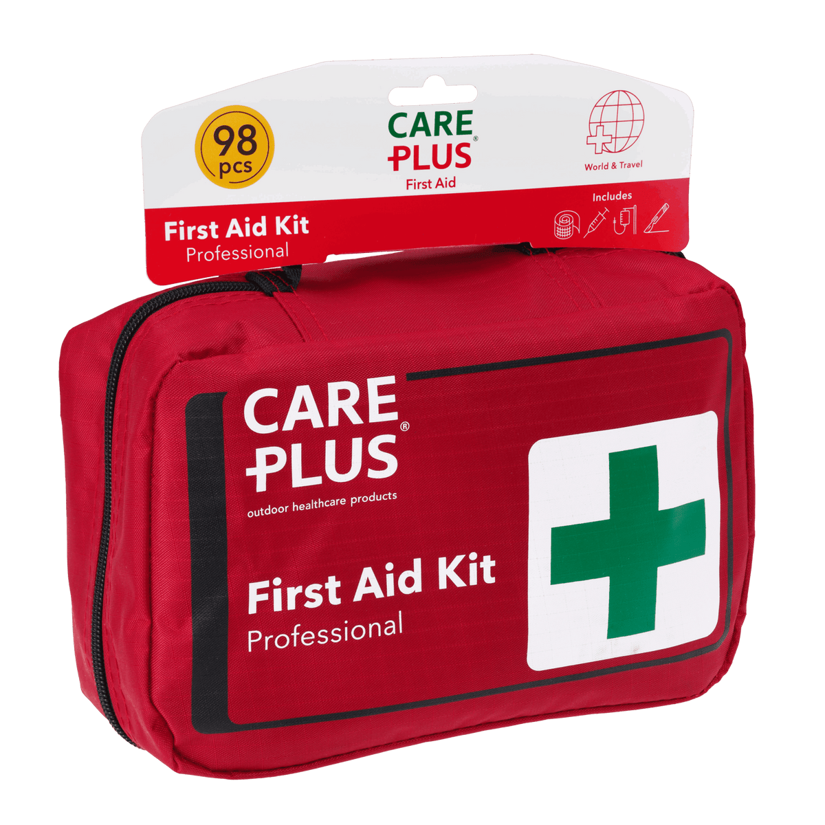 Care Plus First Aid Kit Professional, trousse de secours rouge à croix verte sur une carte avec 98 pièces