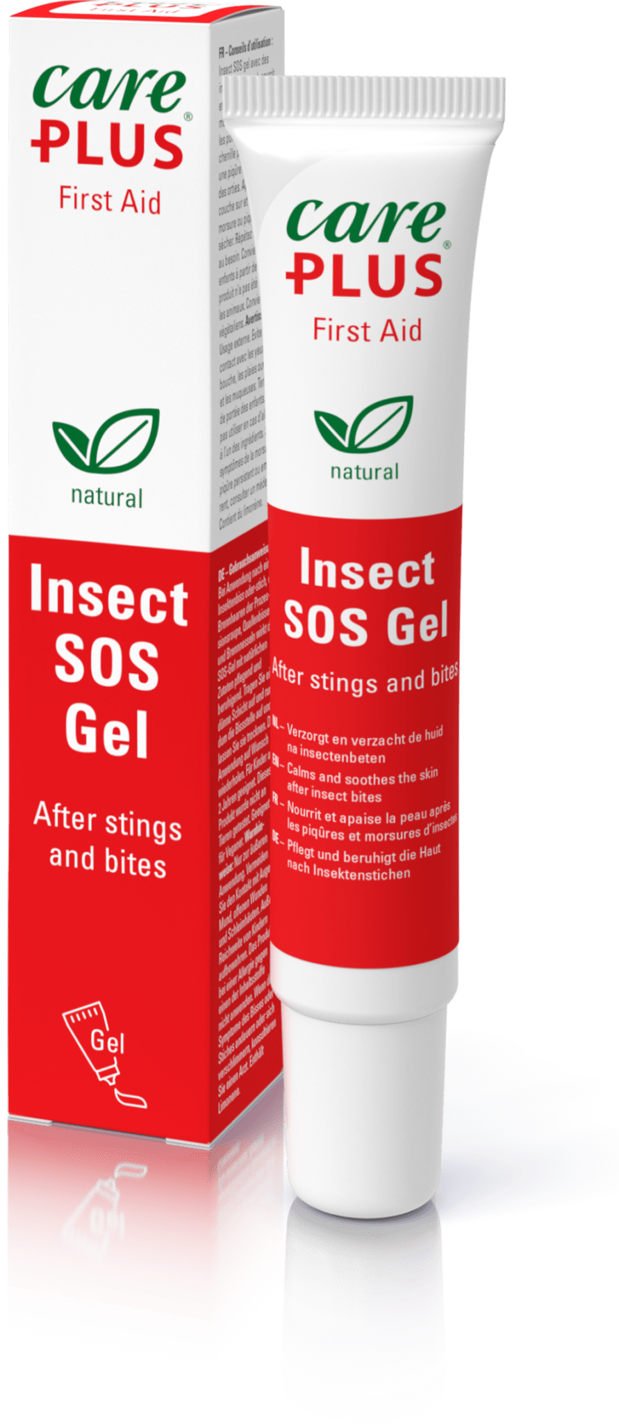 Care Plus Insect SOS Gel en tube rouge et blanc à côté de la boîte, pour après piqûres et morsures
