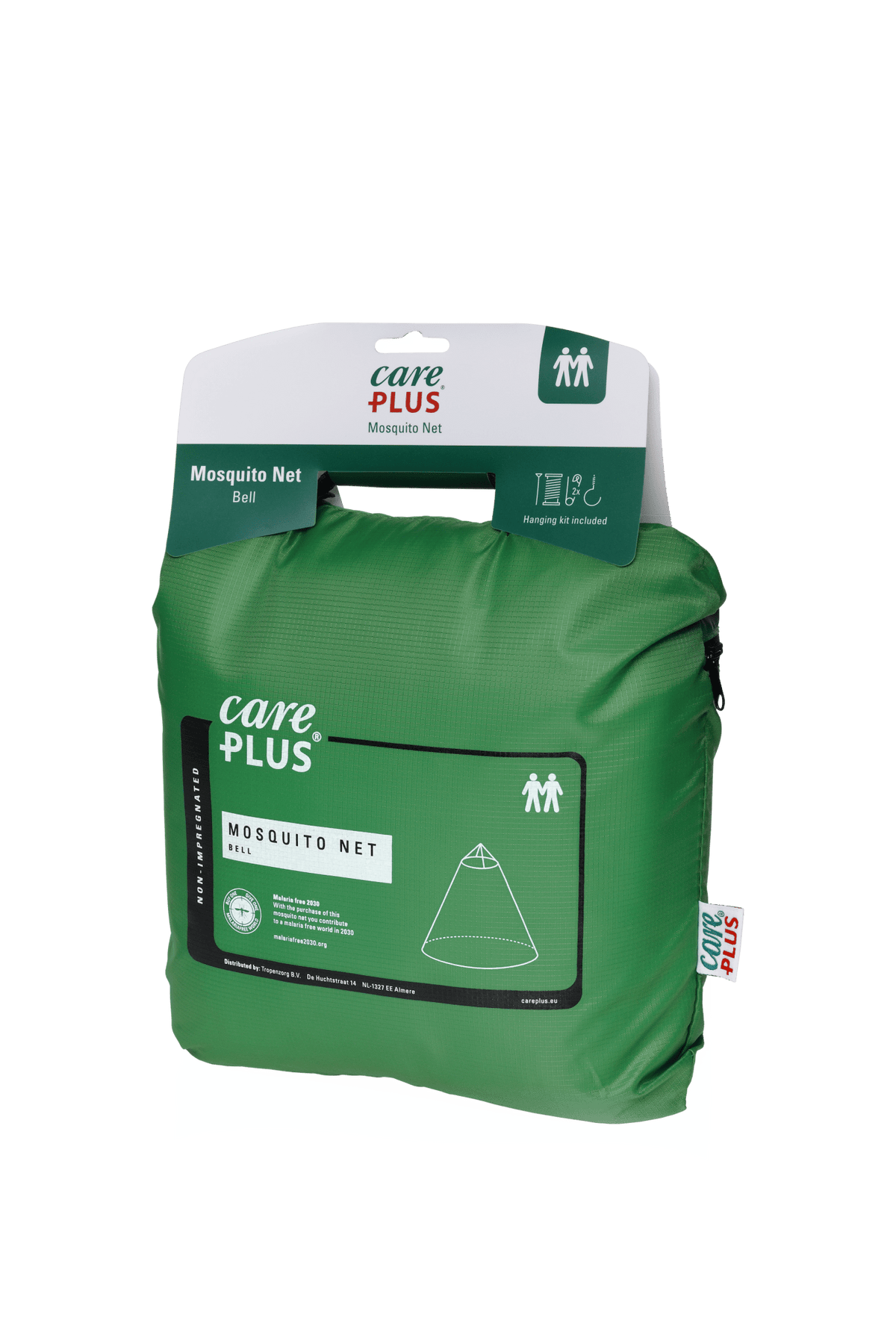 Care Plus Mosquito Net Bell moustiquaire pliée dans un sac de rangement vert avec carte suspendue