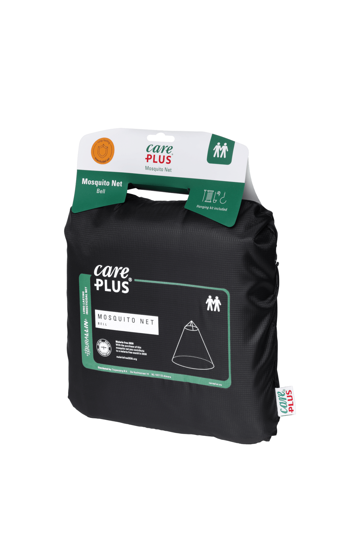 Care Plus Mosquito Net Bell Duralin moustiquaire pliée dans un sac de rangement noir avec carte suspendue
