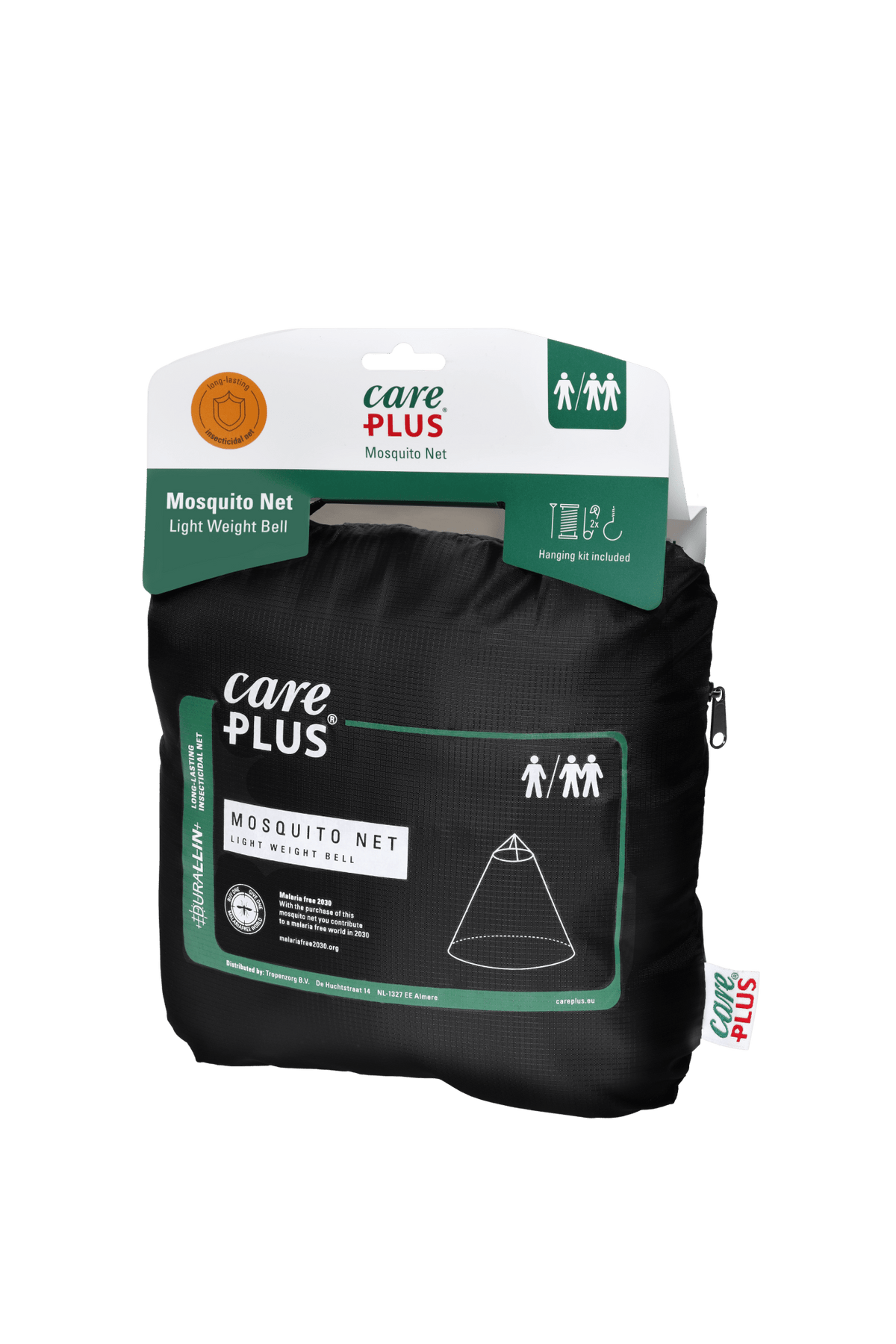 Care Plus Light Weight Bell moustiquaire dans un sac de rangement noir avec carte suspendue