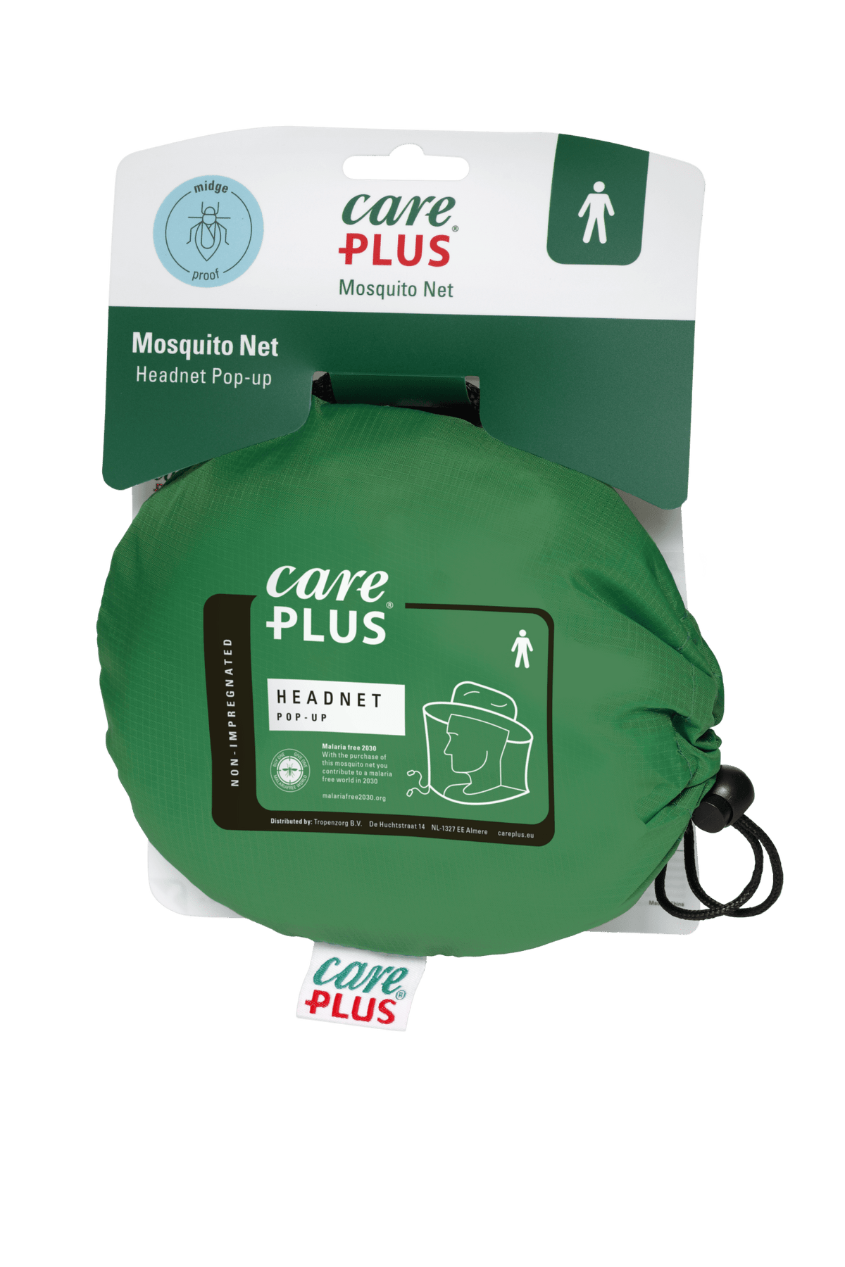 Care Plus Pop-Up HeadNet moustiquaire de tête pliée dans un sac rond vert avec carte suspendue