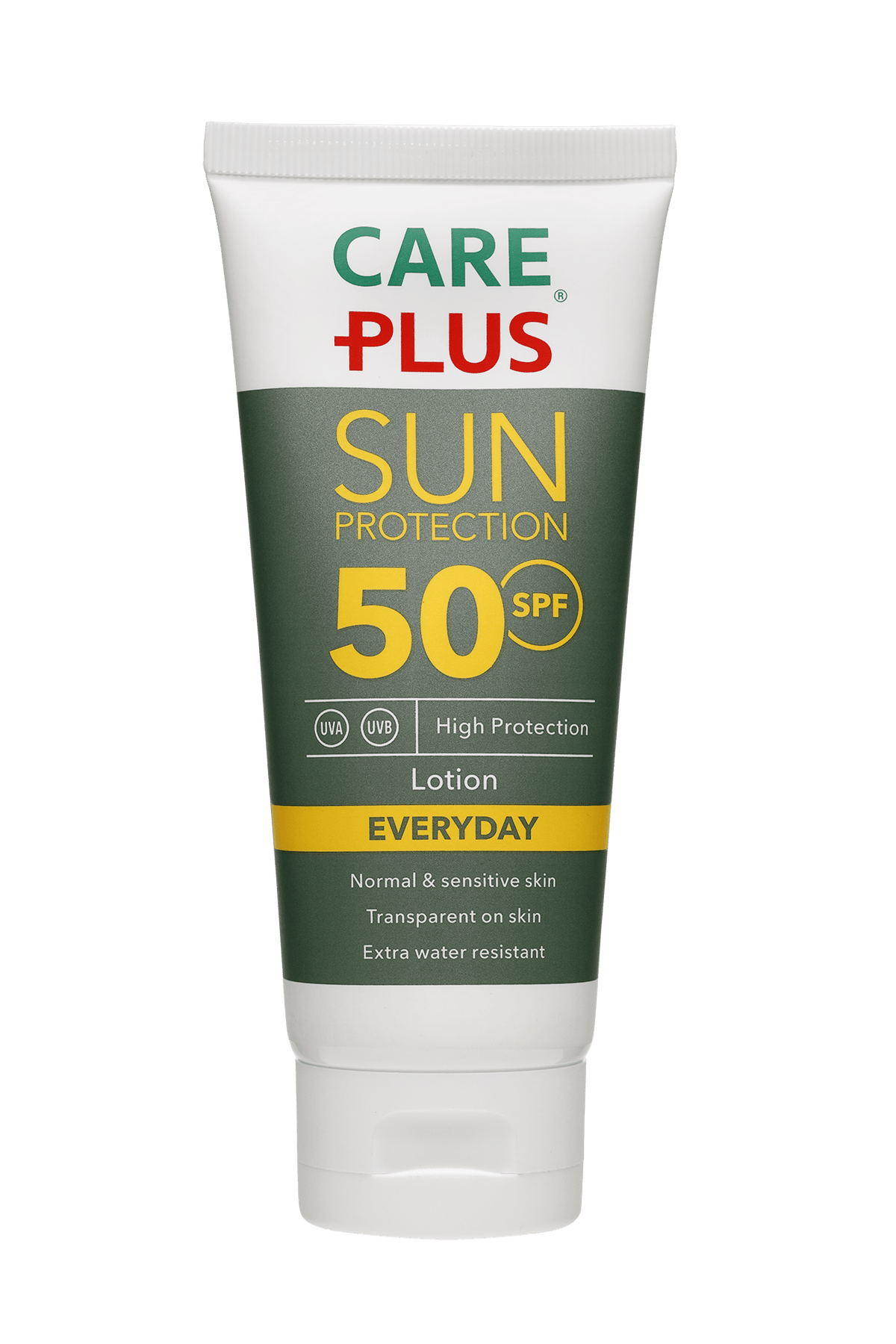 Care Plus Everyday Lotion SPF50 crème solaire en tube vert et blanc