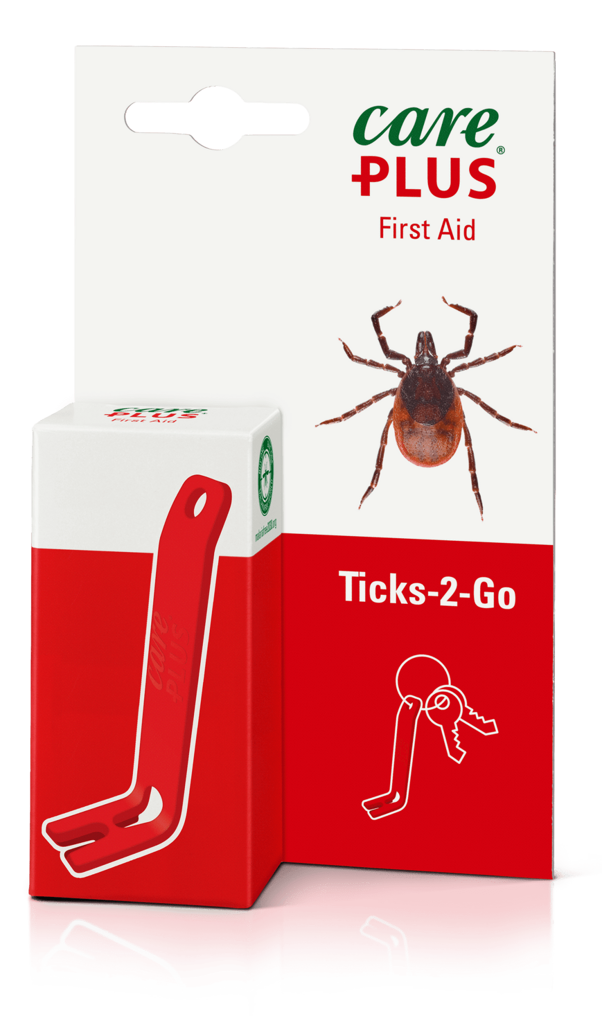 Care Plus Ticks-2-Go pince à tiques dans son emballage avec un crochet rouge et une tique dessus