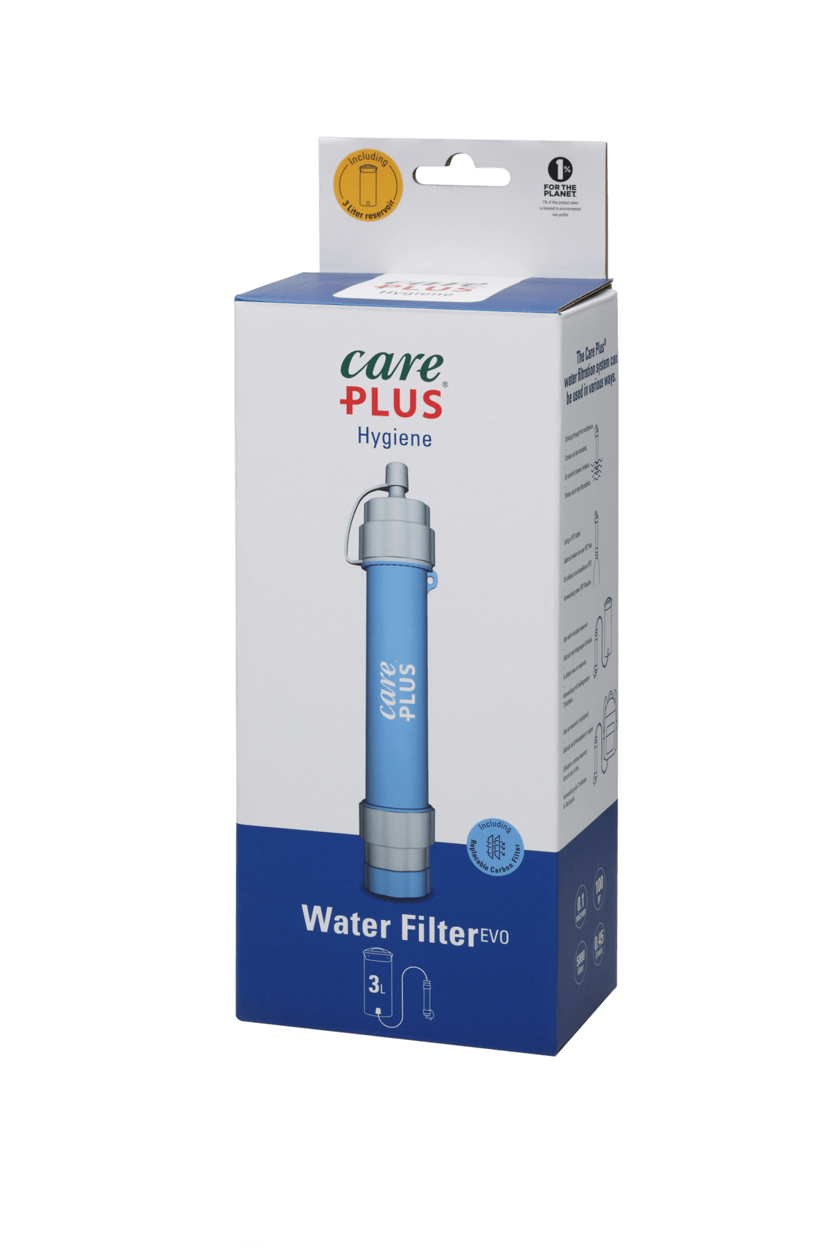 Care Plus filtre à eau EVO, filtre bleu pour eau potable dans une boîte à fenêtre