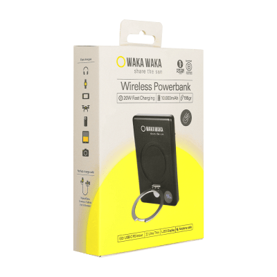 WakaWaka Power Pro powerbank sans fil dans son emballage, modèle noir avec anneau de maintien en métal