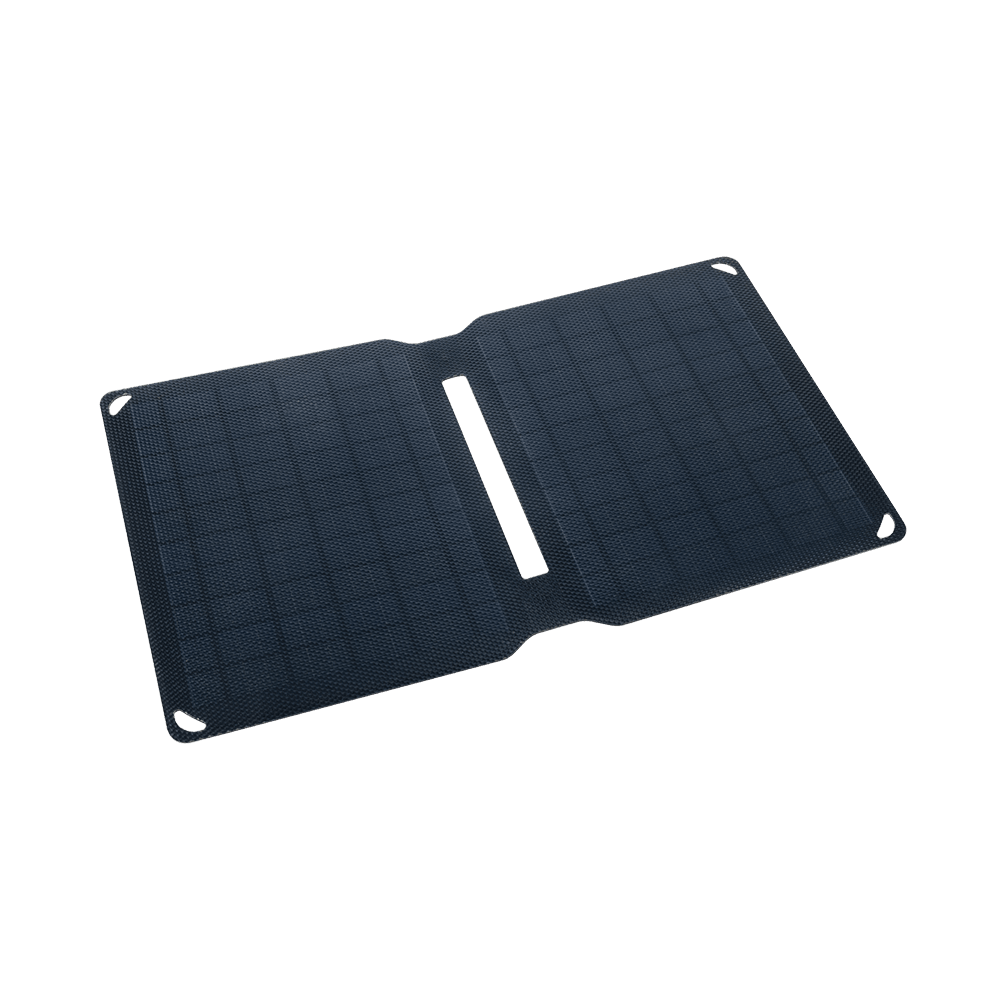 WakaWaka Solar 10 déplié, deux panneaux solaires noirs avec œillets dans les coins