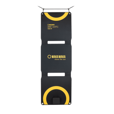 Dos du WakaWaka Solar 20, noir avec arcs jaunes et logo, suspendu à une cordelette