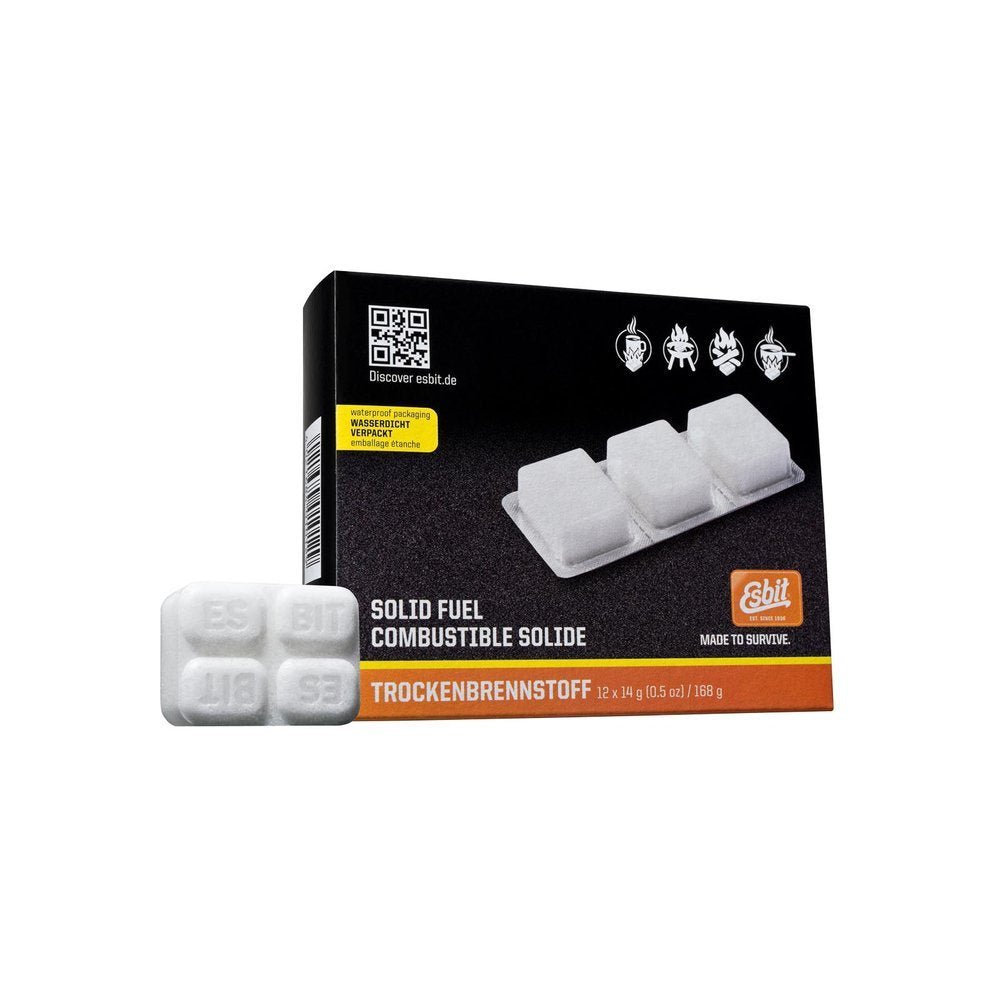 Esbit tablettes de combustible 12x14g dans une boîte noire avec des tablettes blanches devant