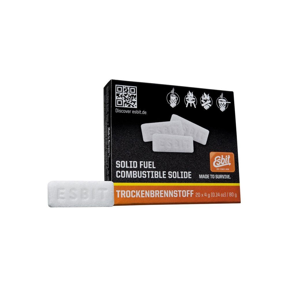 Esbit tablettes de combustible 20x4g dans une boîte noire avec un bâtonnet blanc devant