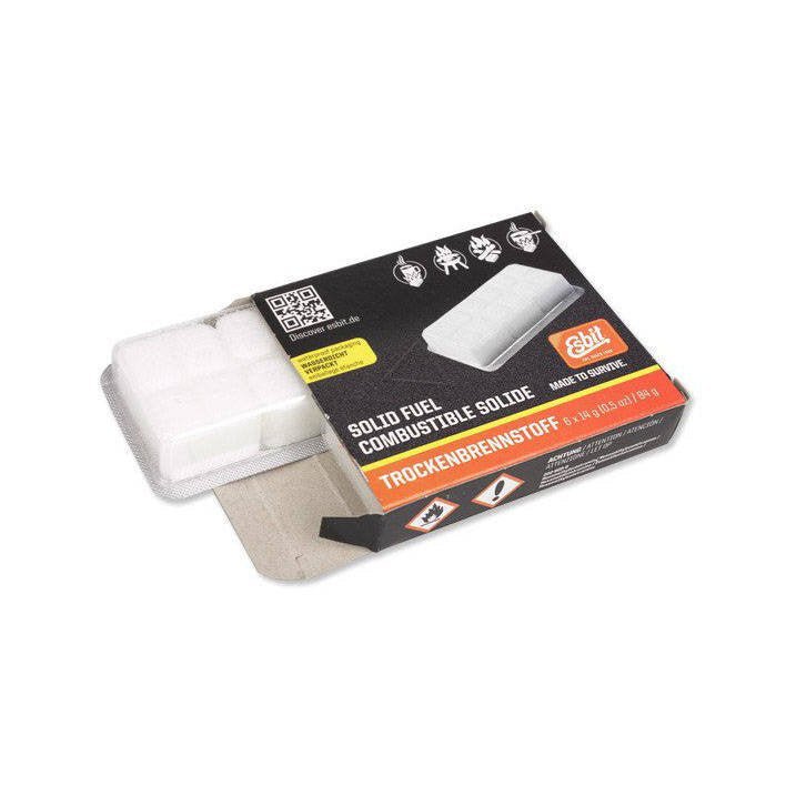 Esbit tablettes de combustible 6x14g dans une boîte ouverte avec les tablettes blanches sous blister