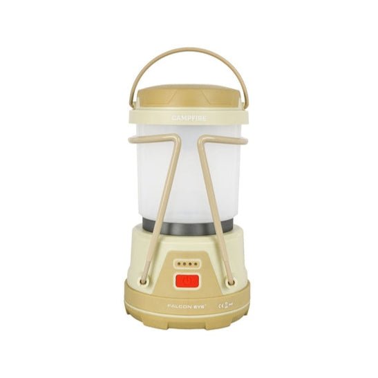 Falcon Eye Campfire lanterne beige avec poignée, globe blanc laiteux et pieds en fil repliés