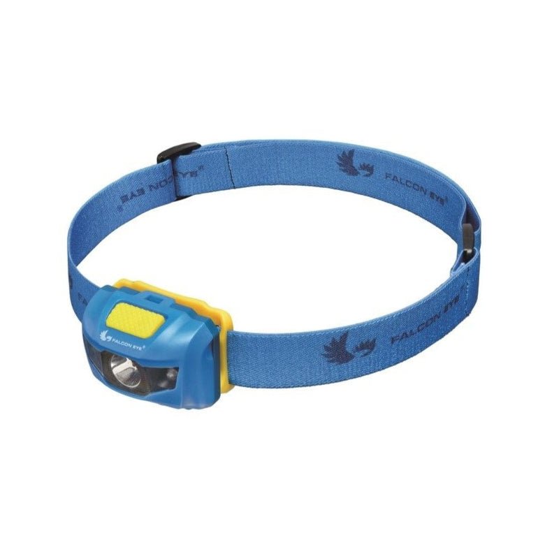 Falcon Eye FHL0011 lampe frontale bleue avec support jaune et bandeau bleu à boucle