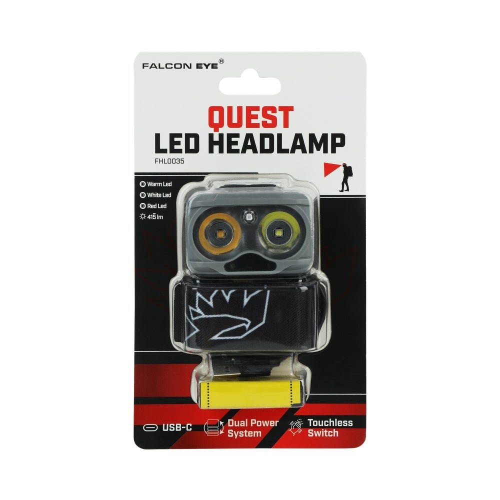 Lampe frontale Falcon Eye Quest sous blister, face avant avec l'inscription Quest
