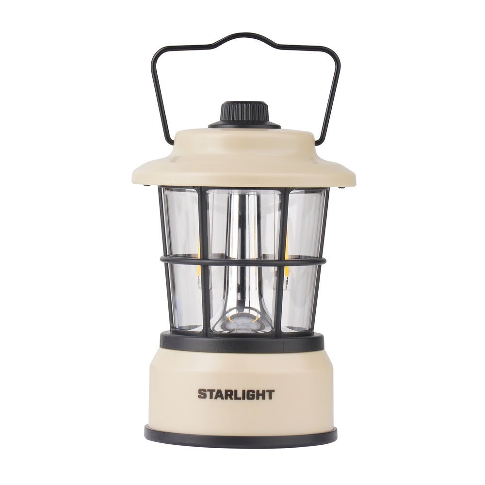 Falcon Eye Starlight lampe de camping beige avec anse noire, bouton rotatif et cage autour des lampes
