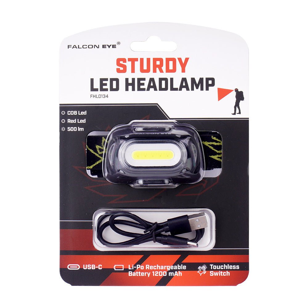 Lampe frontale Falcon Eye Sturdy sous blister avec câble de charge, face avant