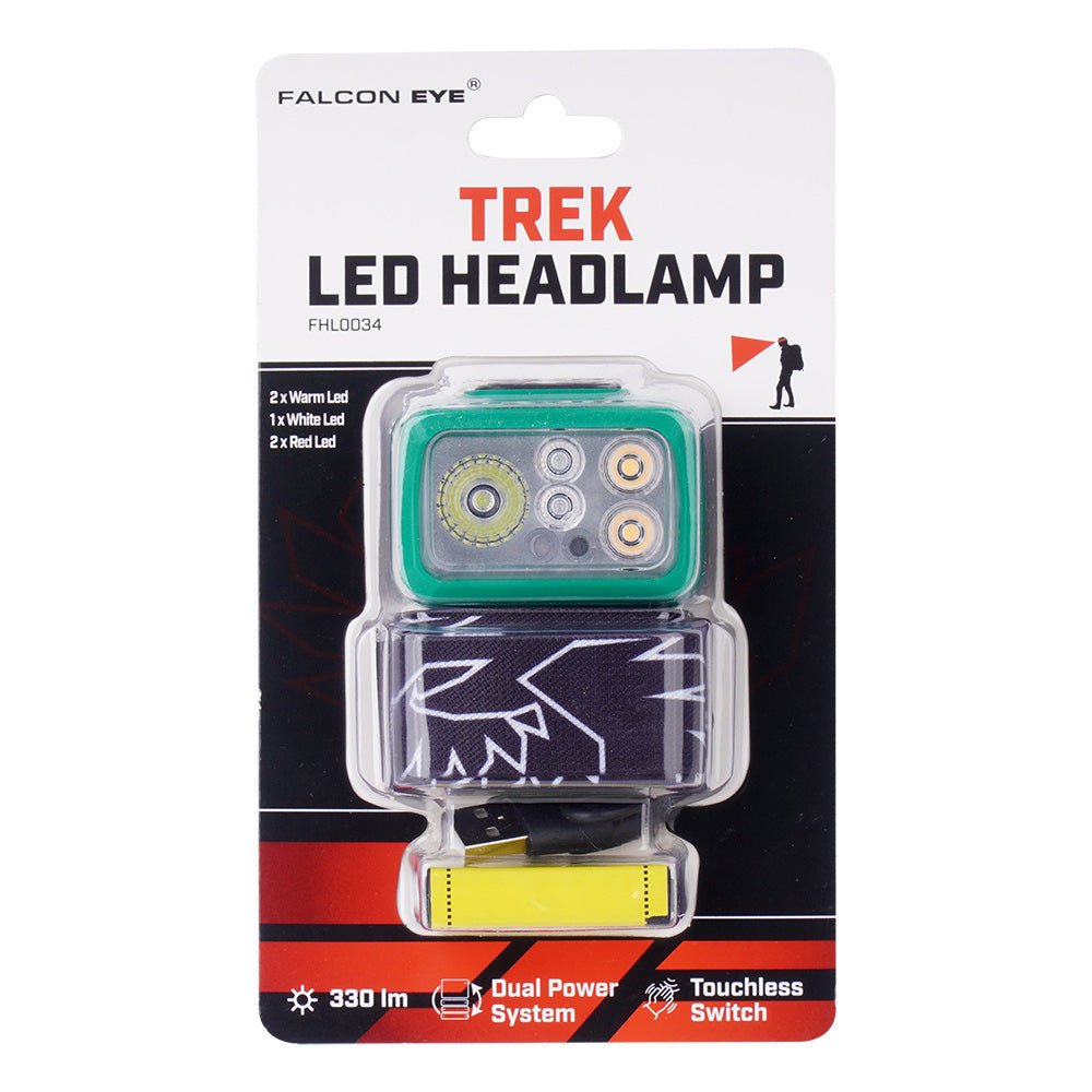 Lampe frontale Falcon Eye Trek sous blister avec lampe verte et bandeau enroulé