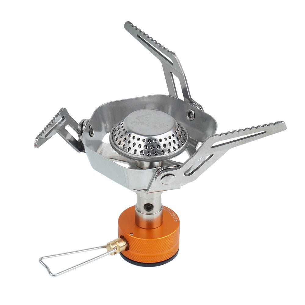 Fire Maple FMS-126 réchaud à gaz avec supports dépliés, pare-vent et raccord de gaz orange