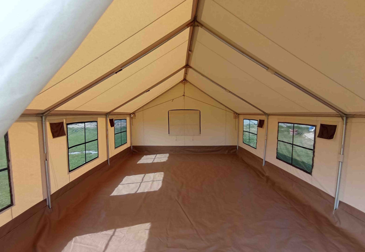 CanvasCamp Heavy Duty Safari Tent vide à l'intérieur, avec cadre, fenêtres et tapis de sol marron