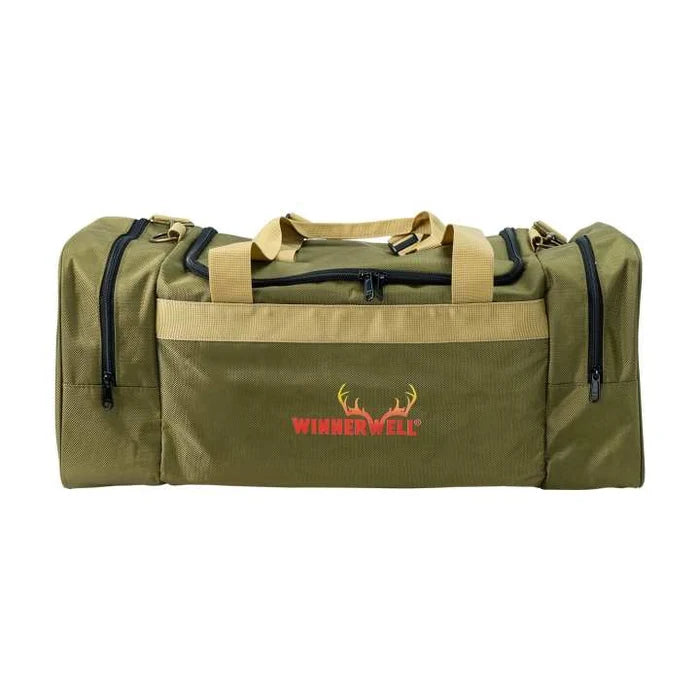 Sac de transport pour poêle Winnerwell en vert avec poignées beiges, poches zippées et logo rouge