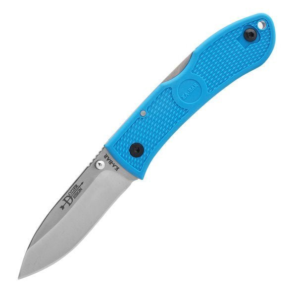 Couteau pliant Ka-Bar Dozier avec manche bleu et lame argentée, ouvert