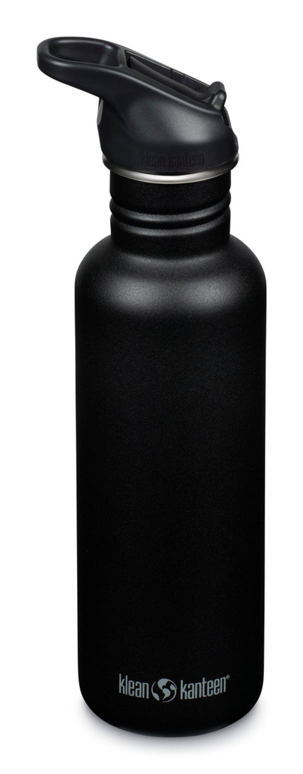 Bouteille Klean Kanteen Classic noire avec bouchon sport noir, vue de côté