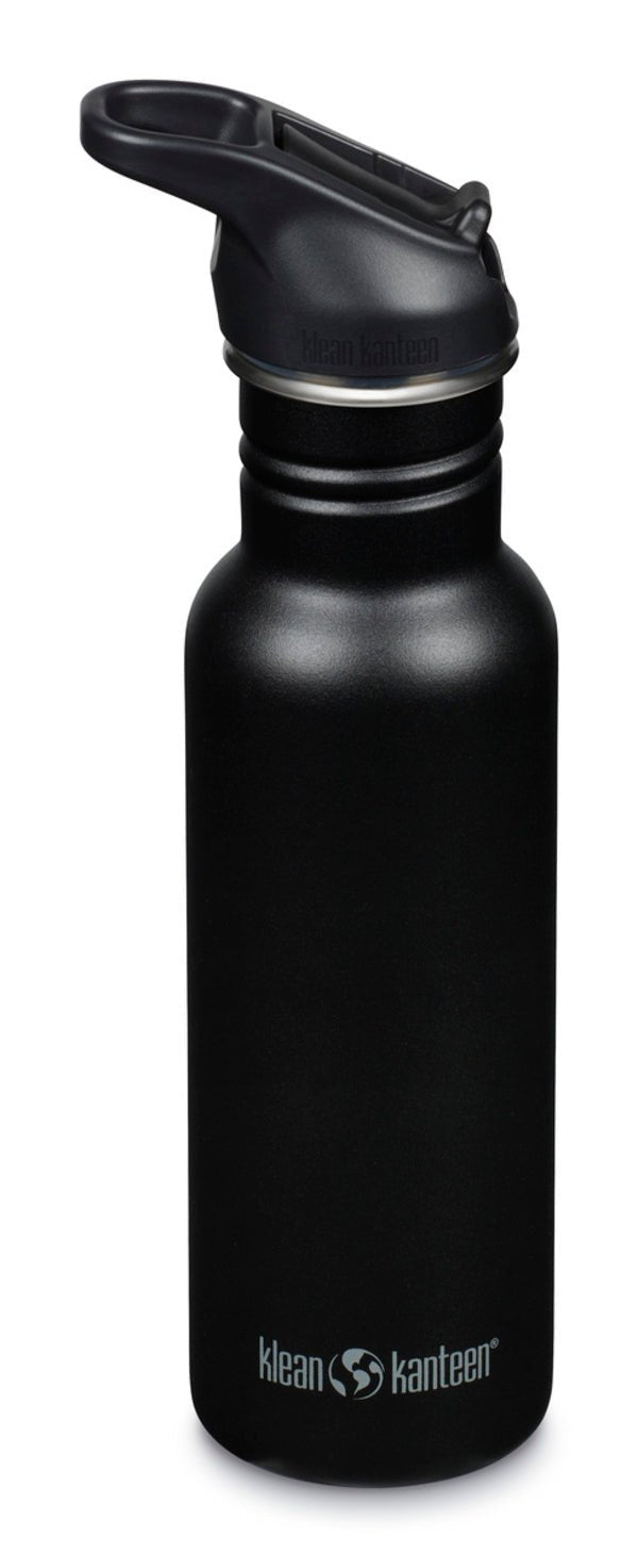 Gourde Klean Kanteen Classic Narrow noir mat avec bouchon sport noir et logo en bas