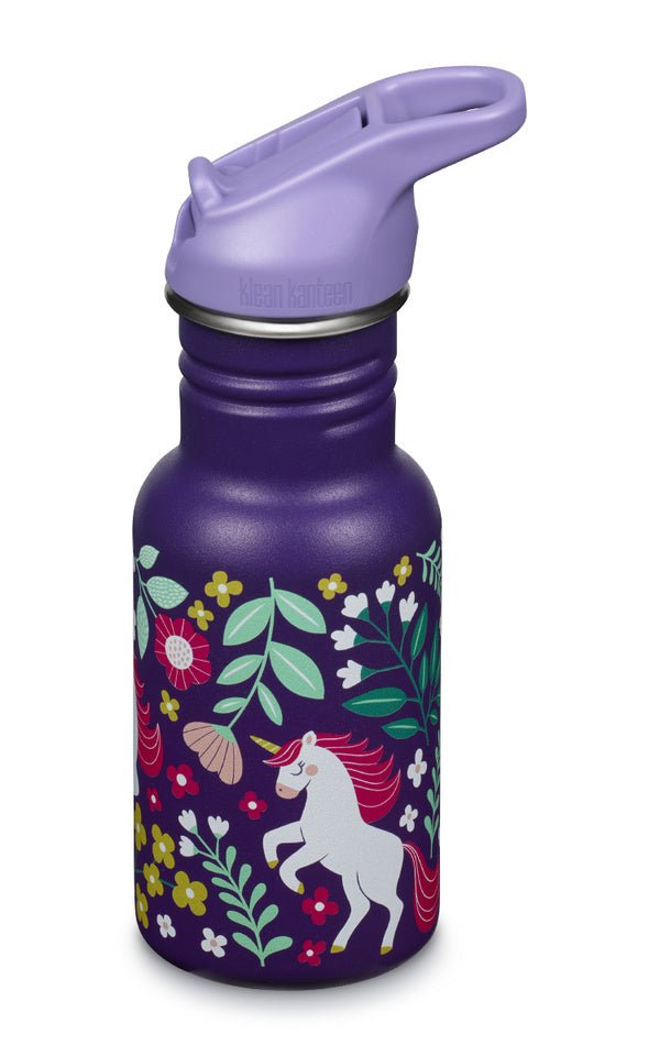Klean Kanteen Kid Classic 355 ml, gourde enfant violette avec licorne, fleurs et bouchon sport lilas