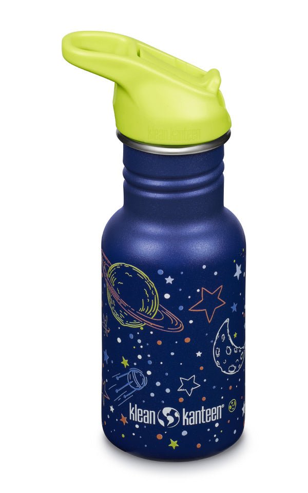 Gourde Klean Kanteen Kid Classic bleu foncé avec planètes et étoiles et bouchon sport jaune