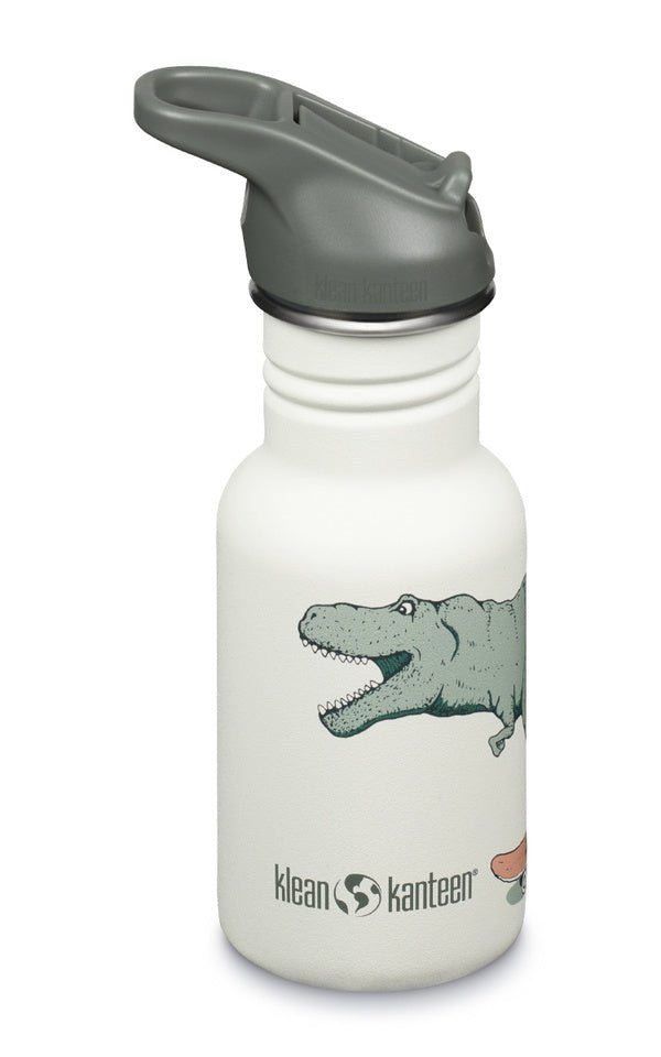 Gourde Klean Kanteen Kid Classic blanche à motif dinosaures et bouchon sport gris