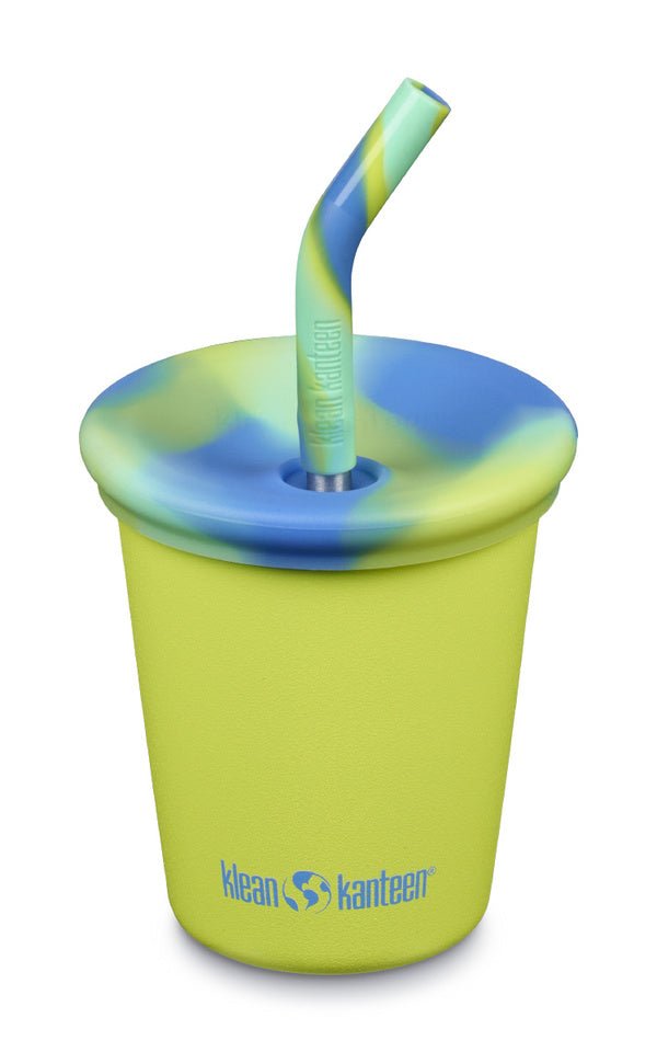 Klean Kanteen Kid Cup, gobelet enfant jaune avec couvercle marbré bleu-vert et paille
