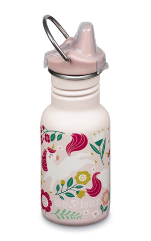 Klean Kanteen Kid Kanteen rose clair avec licornes et fleurs, bouchon à bec rose avec anneau