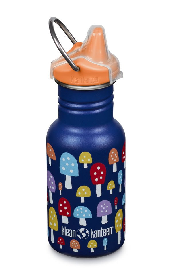 Klean Kanteen Kid Kanteen bleu foncé avec champignons colorés et bouchon à bec orange