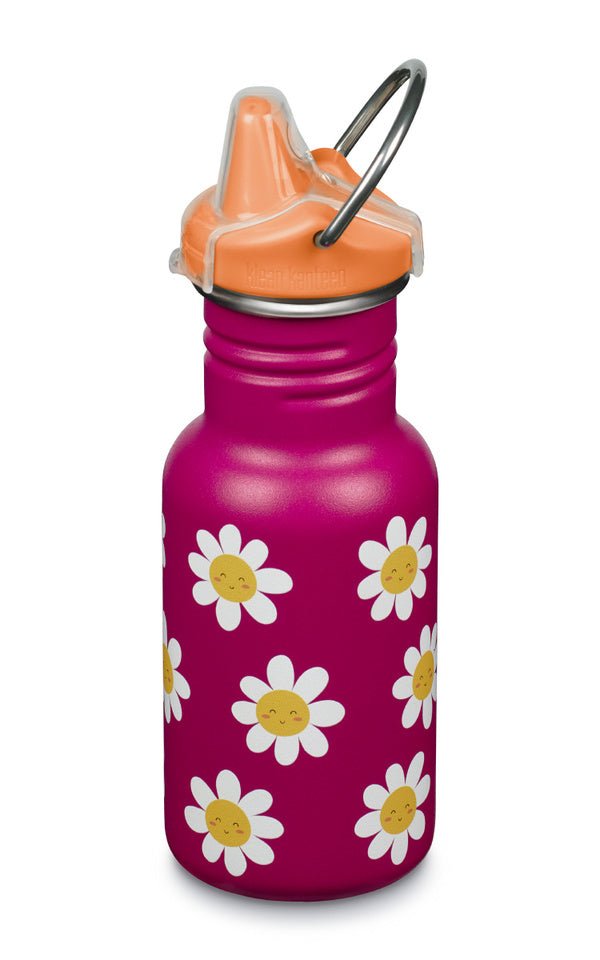 Klean Kanteen Kid Kanteen Sippy Cap, gourde fuchsia avec pâquerettes et bouchon à bec orange
