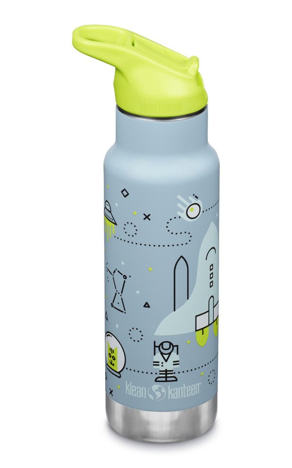 Gourde isotherme Klean Kanteen Kid Kanteen gris-bleu avec fusée et motif espace, bouchon jaune
