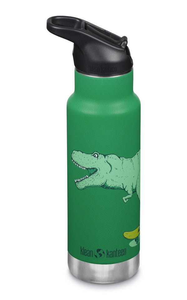 Gourde isotherme Klean Kanteen Kid Kanteen verte avec dinosaure et bouchon sport noir