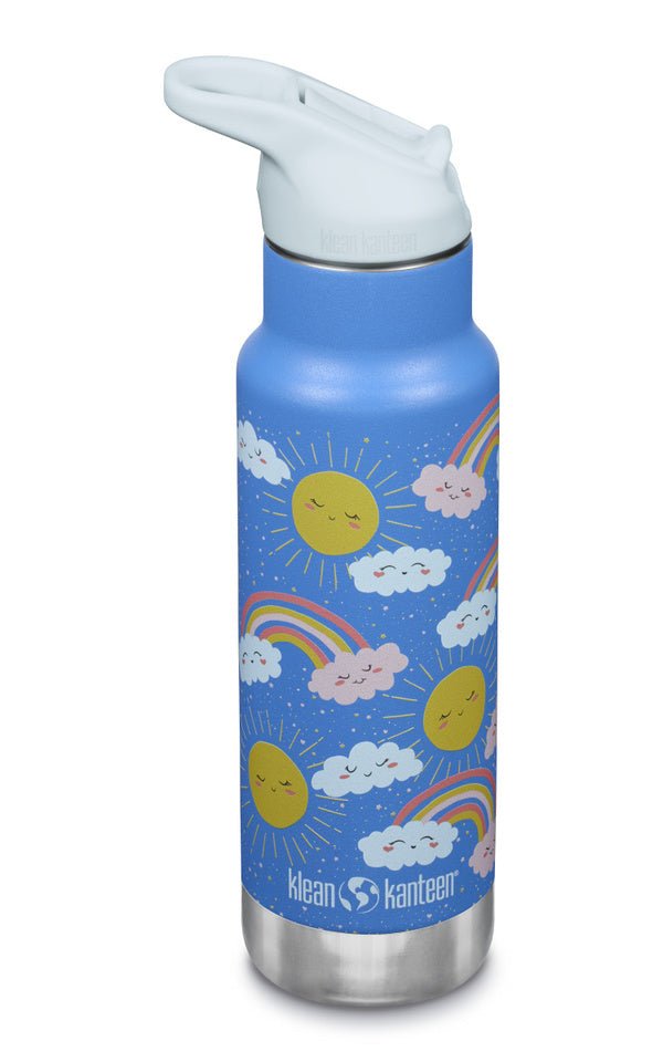 Gourde isotherme Klean Kanteen Kid Kanteen bleue avec soleils, nuages et arcs-en-ciel