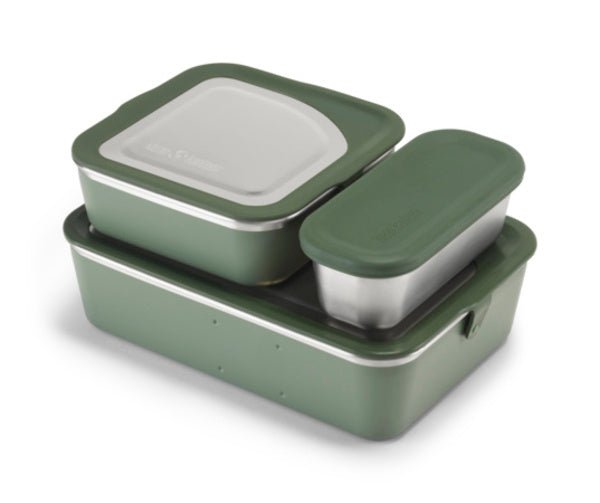Klean Kanteen Rise Family Set, trois boîtes à lunch en acier inoxydable avec couvercles verts empilées