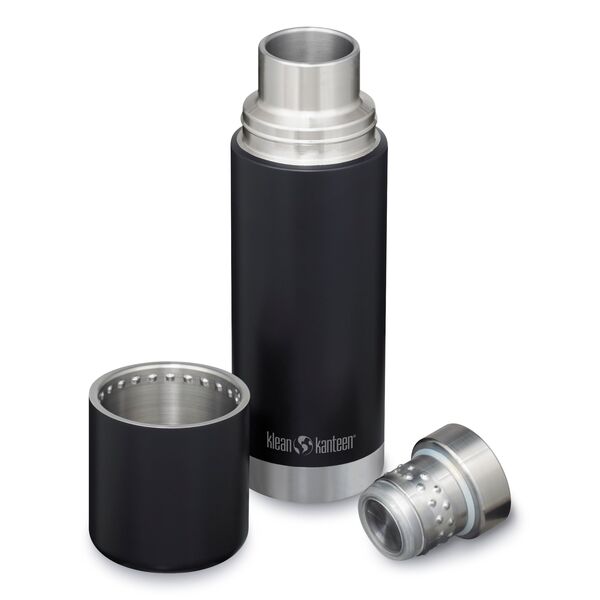 Klean Kanteen TKPro 500 ml noire, ouverte avec le gobelet et le bouchon à côté