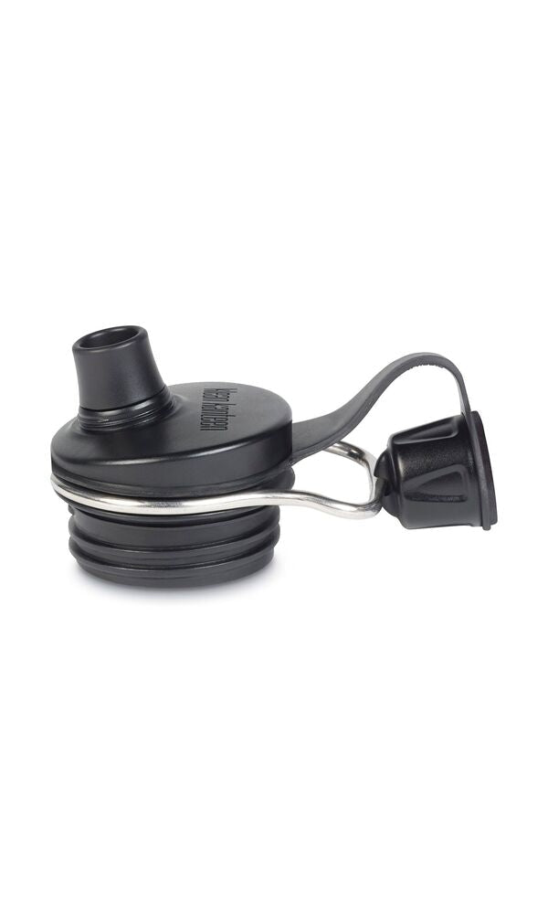 Klean Kanteen TKWide Chug Cap noir avec bec et petit bouchon attaché à une boucle métallique