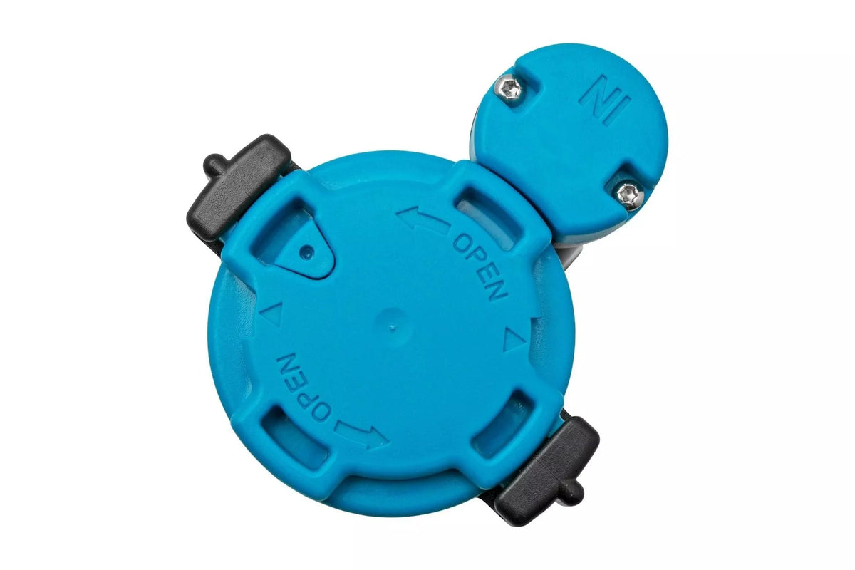 Lifesaver Wayfarer vu de dessous, bouchon rotatif bleu avec flèches d'ouverture
