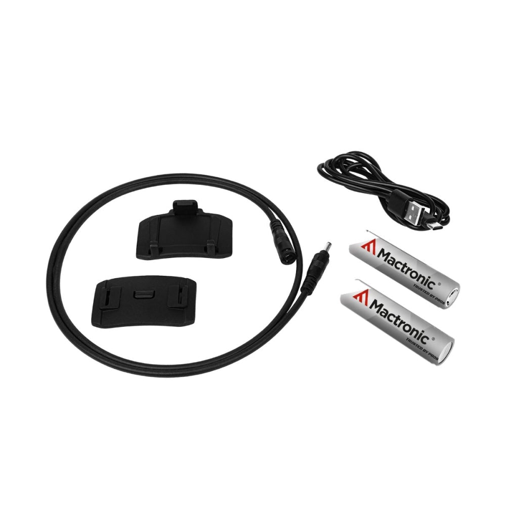 Mactronic Black Eye 1550 accessoires, deux batteries, câble USB, interrupteur à câble et deux supports