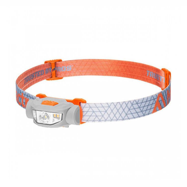 Mactronic Blazer lampe frontale avec bandeau orange et gris, vue de trois quarts